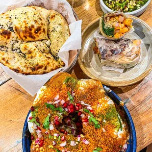 Raj Kachori, Naan, Shrimp Kaathi Roll, &amp; Mulai Kattiya Taniyam! Everything was absolutely AMAZING. (Instagram: @diningwithkels)