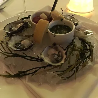 West Coast Oysters on the 1/2 shell, yuzu mignonette, smoked cocktail sauce