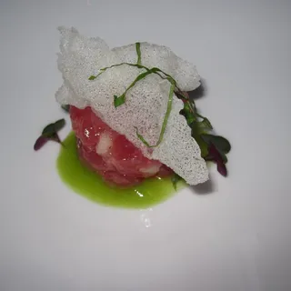 Big Eye Tuna Tartare, jalapeno coulis, Asian pear, Britton red shiso