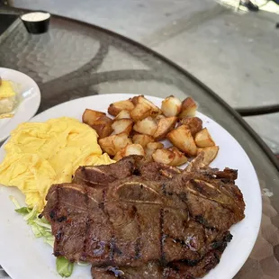 steak, eggs, and potatoes