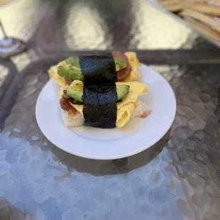 Triple triple with egg, avocado, and spam.