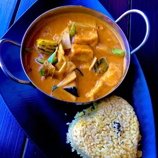 Red Curry with pumpkin, jack fruit, other veggies and tofu  Delish!!