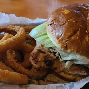 Grilled Tenderloin cut in half and stacked with Onion Rings.
