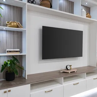 Two-tone media center with recessed lighting. Locally made in Hawaii.