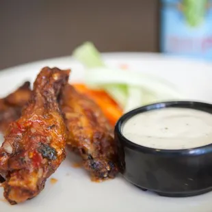 Sweet and Spicy Chicken Wings with blue cheese on the side