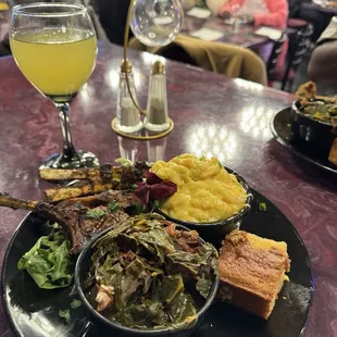 Lamb Chops, greens, Mac &amp; Cheese, corn bread