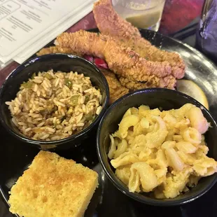 Catfish, dirty rice, macaroni and cheese, cornbread