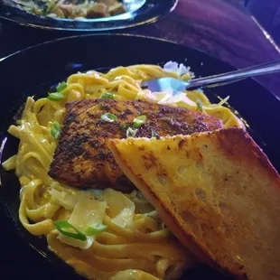 Salmon Pasta and garlic bread