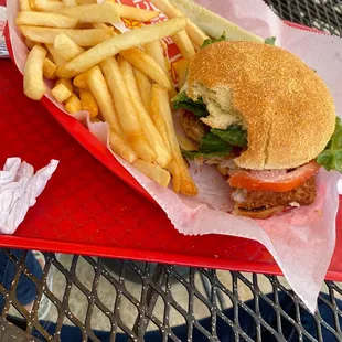 Fish sandwich with fries and a pickle!