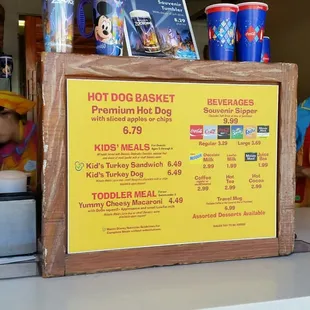 a menu for a hot dog