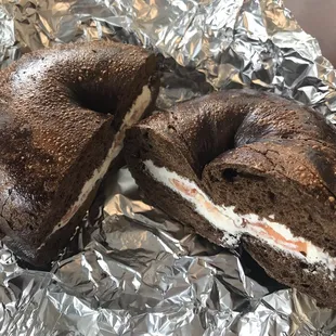 Pumpernickel bagel with lox spread
