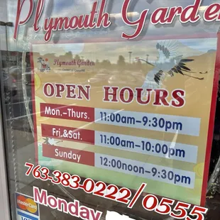 Hours that are posted on the front door