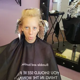 Here she is, waiting for the color to set.