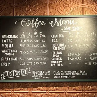 Coffee menu