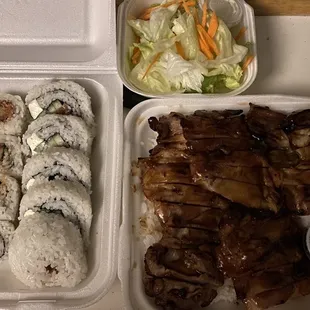 Chicken teriyaki, salad, spicy tuna roll, and philly roll.