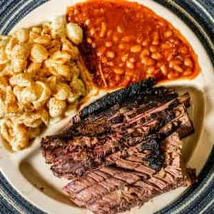 Brisket special with beans and Mac salad and sauce on the side