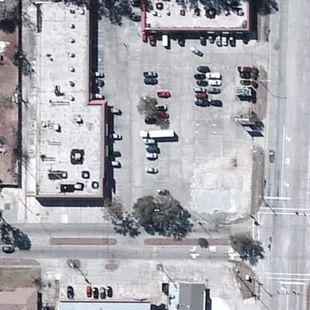 an aerial view of a parking lot