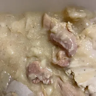 Raw chicken delivered to my house after an entire hour and they are located fairly close.   Supposed to be chicken and dumplings.