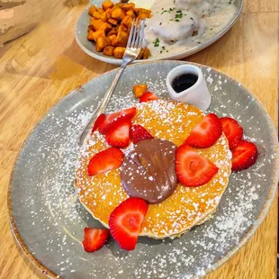 Biscuit and sausage gravy, strawberry nutella pancakes