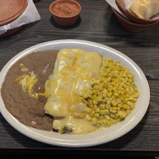 From the Lunch Menu #10 Enchilada Dinner, one beef &amp; one cheese