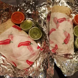 A chicken tinga burrito and a rajas poblano burrito with black beans. Both were huge and delicious!