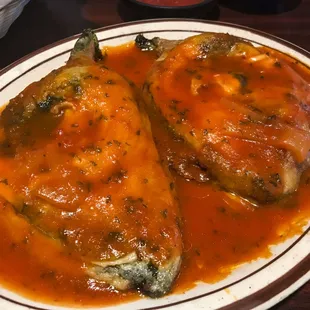 The Chiles Poblanos ($9) were amazing - massive, lightly fried peppers, stuffed with gooey cheese and served with a thin tomato sauce.