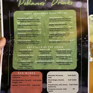 Margarita menu.