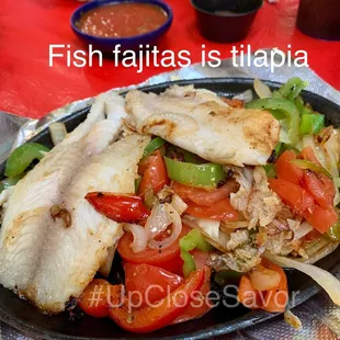 Fish fajitas is a large portion that also comes with tortillas, rice,beans, lettuce, sour cream.  #UpCloseSavor