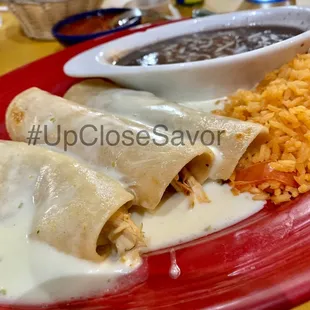 Poblano's Enchiladas are beef, chicken, &amp; pork under cheese sauce. Needs some poblano heat.  #UpCloseSavor
