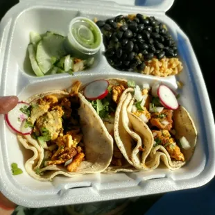 3 taco tray with chorizo chicken mix, rice and beans. Yum!