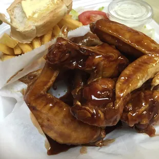 10 piece BBQ chicken wings served with French fries, salad, &amp; toast.