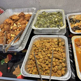Catered food for a Black History Month Luncheon, fried chicken, okra, greens
