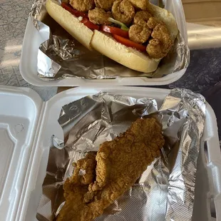 Back: shrimp PO'Boy Cajun style  Front: Catfish Cajun style  Both delicious