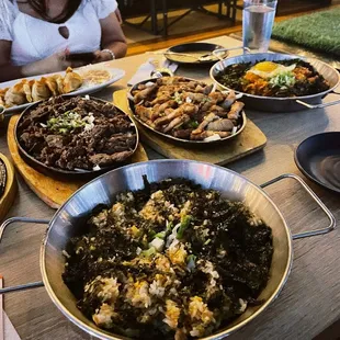 Egg fried rice, pork belly, dumpling, kimchi fried rice, and bulgogi