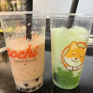 Strawberry Banana Creamy Shake with oat milk and regular boba and Honeydew Slush with kiwi popping boba