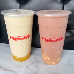 L-R: Banana Mango Creamy Shake (with mango jelly) &amp; Strawberry Chocolate Creamy Shake (with egg pudding). Contain real fruits.