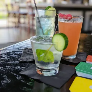 Three drinks, the one in front being the cucumberbund.