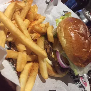 a hamburger and fries