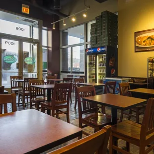 tables and chairs in a restaurant