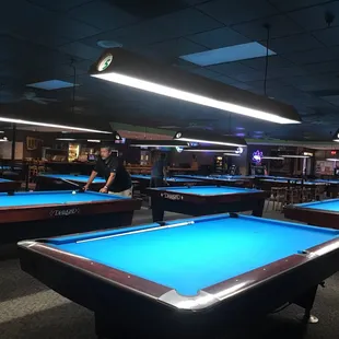 billiard tables in a pool hall
