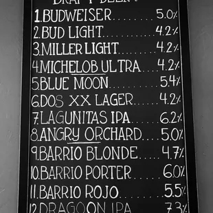 a blackboard with a list of beers on it