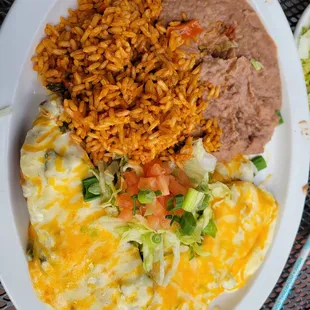 Lunch, chicken enchilada, taco, chili relleno.