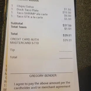 Bill showing I was charged for chips that I didn&apos;t ask for and the suggested tip is on the grand total that includes tax