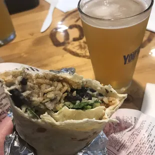 Steak burrito with spotted cow beer