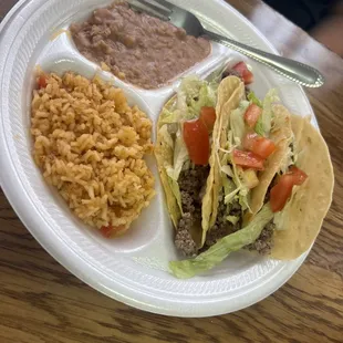 Two crunchy one soft taco -beans and rice