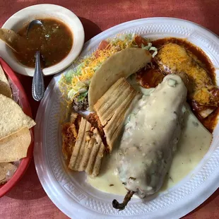 Sample plate. Smothered chile relleno taco, tamale, red enchilada. DELICIOUS!!