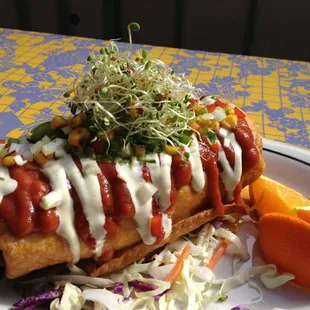 Chimichanga! Filled with Black Beans, Soy Chorizo, Potatoes, Slaw, Caramelized Onions and a bunch of other tasty stuff