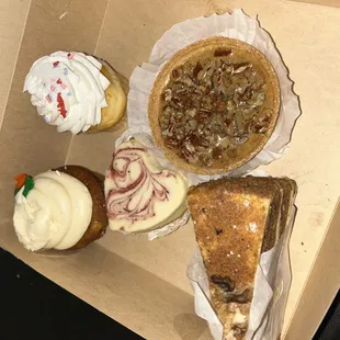 Carrot cupcake vanilla cupcake strawberry heart cheesecake pecan tart and walnut cream cheese carrot cake 5/10 stars for these