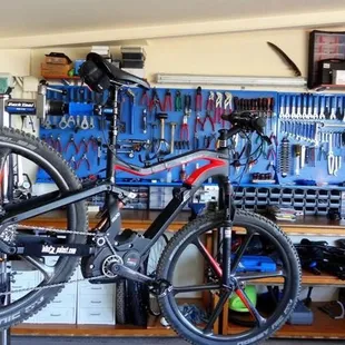 a bicycle in a garage