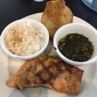 Grilled Salmon with mixed greens and rice &amp;beans.